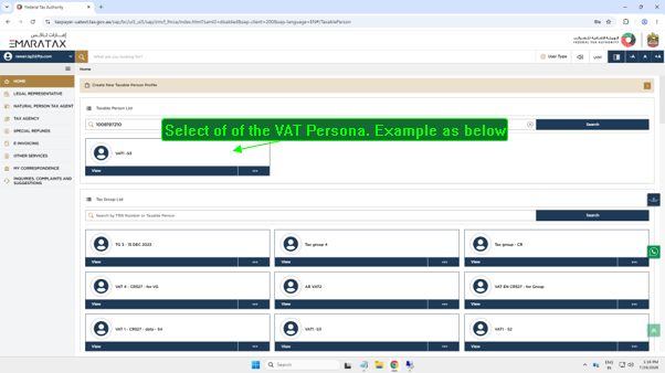 Selecting a VAT persona from the Taxable Person list
