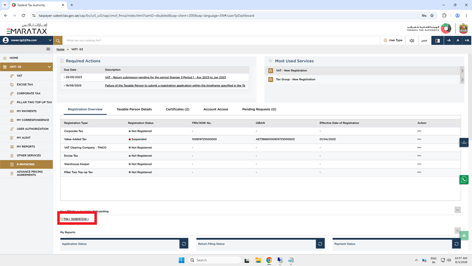 Searching the Taxable Person list by persona name or TRN