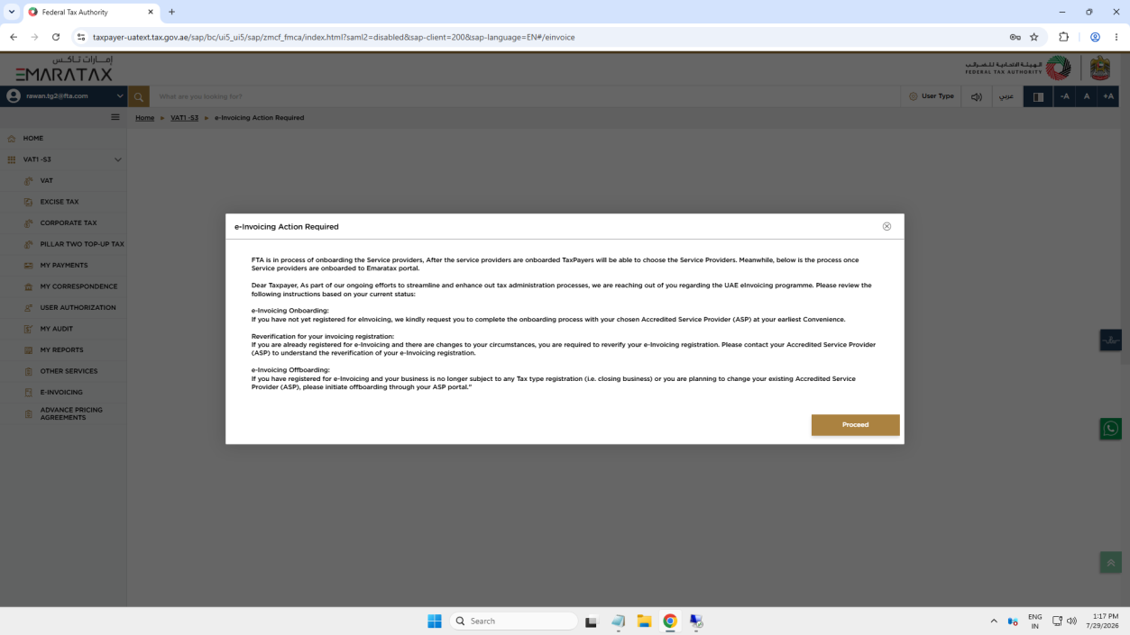 e-Invoicing Action Required pop-up with Proceed button