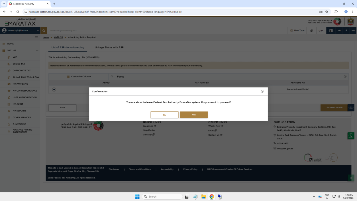 Confirmation pop-up before leaving EmaraTax