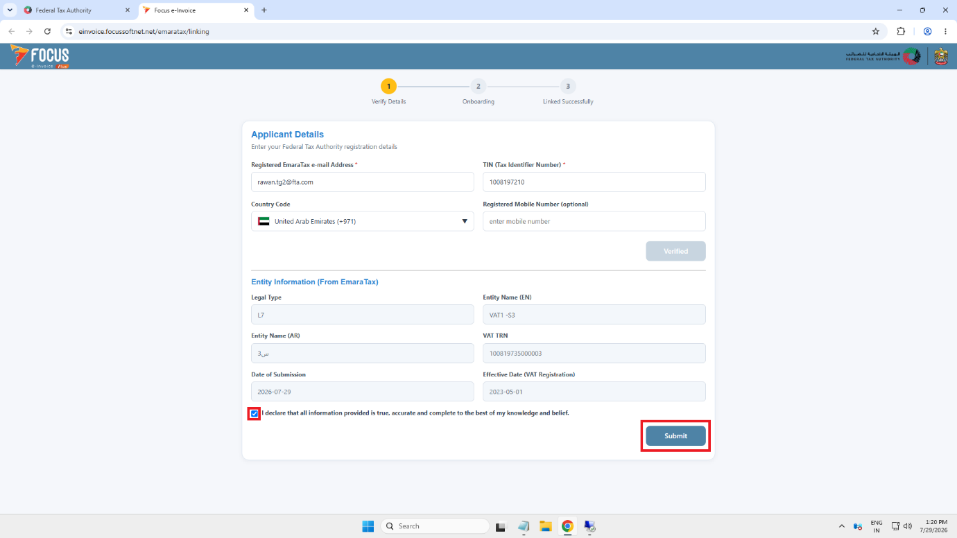 Declaration checkbox ticked with Submit button highlighted