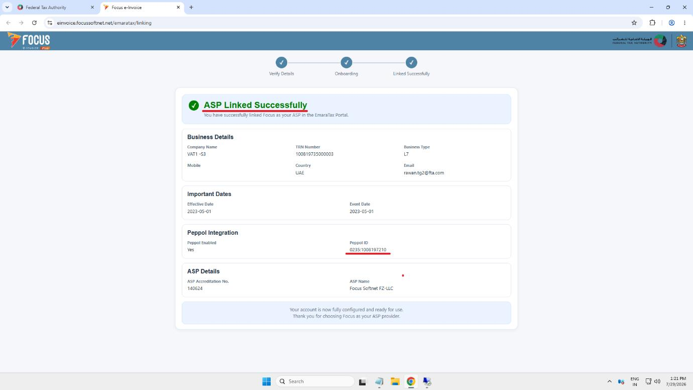 ASP Linked Successfully screen with business details and Peppol ID