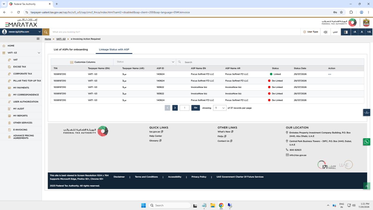EmaraTax Linkage Status with ASP showing Focus Softnet FZ-LLC as Linked